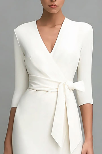 Ivory V-Neck Sheath Half Sleeve Work Dress With Sash